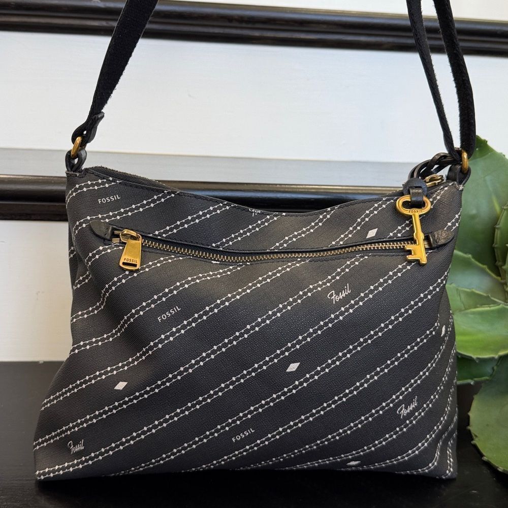 Fossil Crossbody Shoulder Purse Logo Stripe Canvas Leather Pocket Bag, Clean